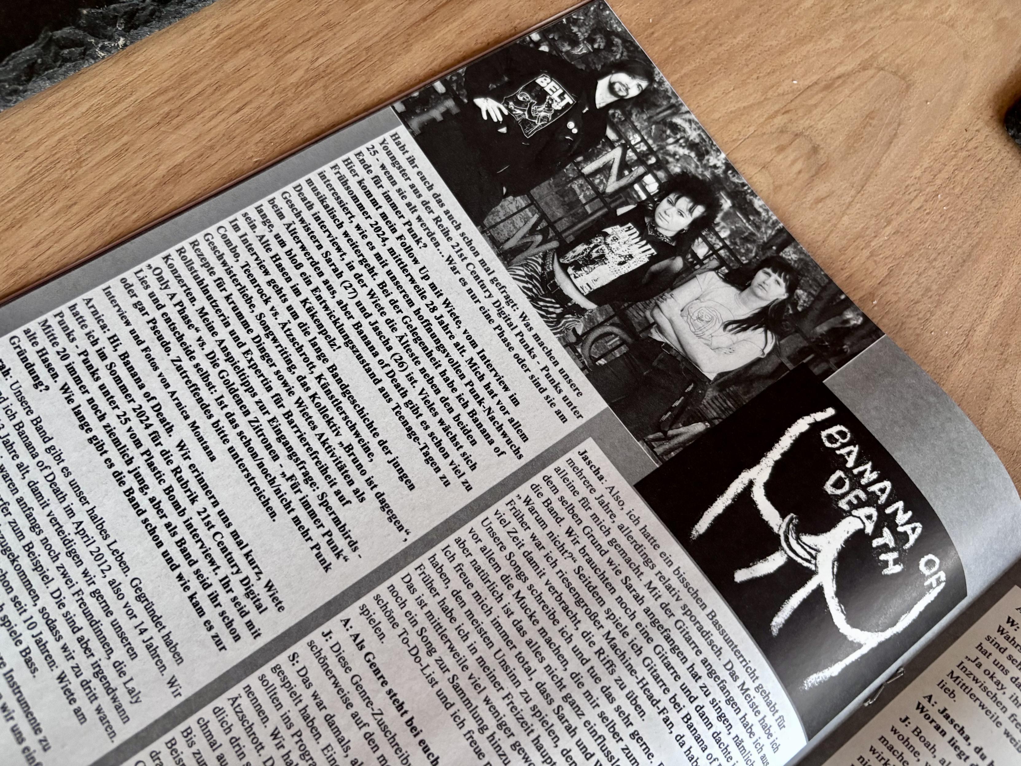 Interview with Banana of Death in a print zine features a band photo and the band logo, an illustration of a banana up the ass…