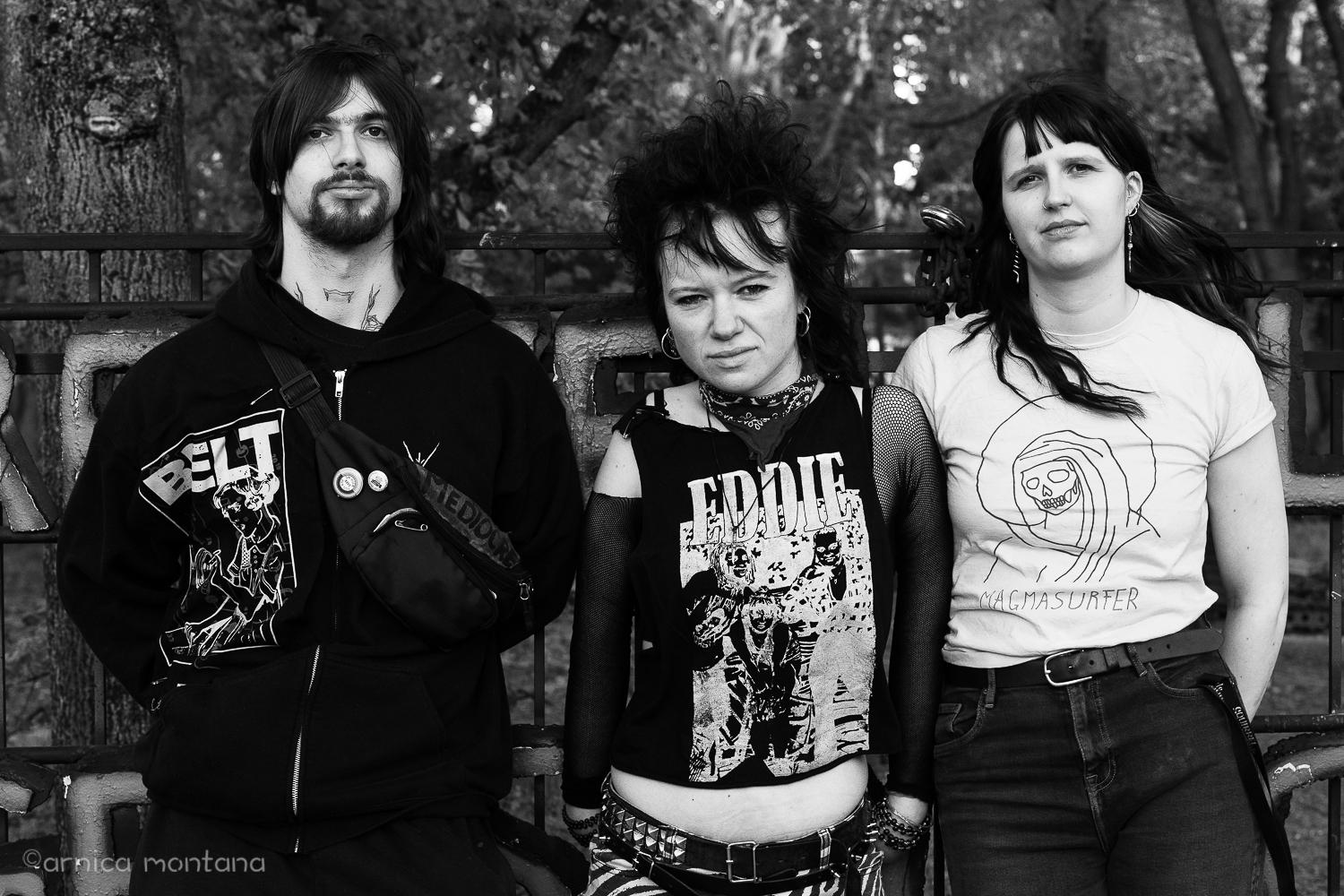 A black-and-white photo shows three people leaning against a metal fence with letters on. They are looking straight at the camera with serious expressions; they are wearing band T-shirts and have punk rock hairstyles.
