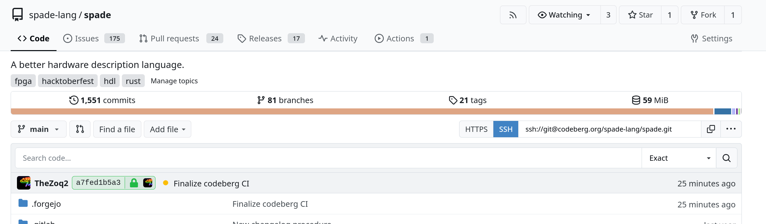 A screenshot of a codeberg repository called spade-lang/spade
