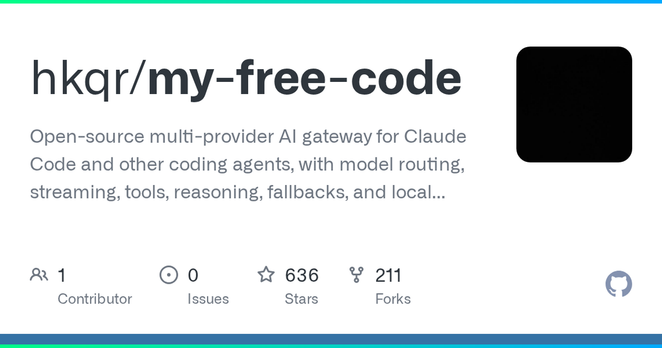 Artwork from the hkqr/my-free-code repository. Open-source multi-provider AI gateway for Claude Code and other coding agents, with model routing, streaming, tools, reasoning, fallbacks, a