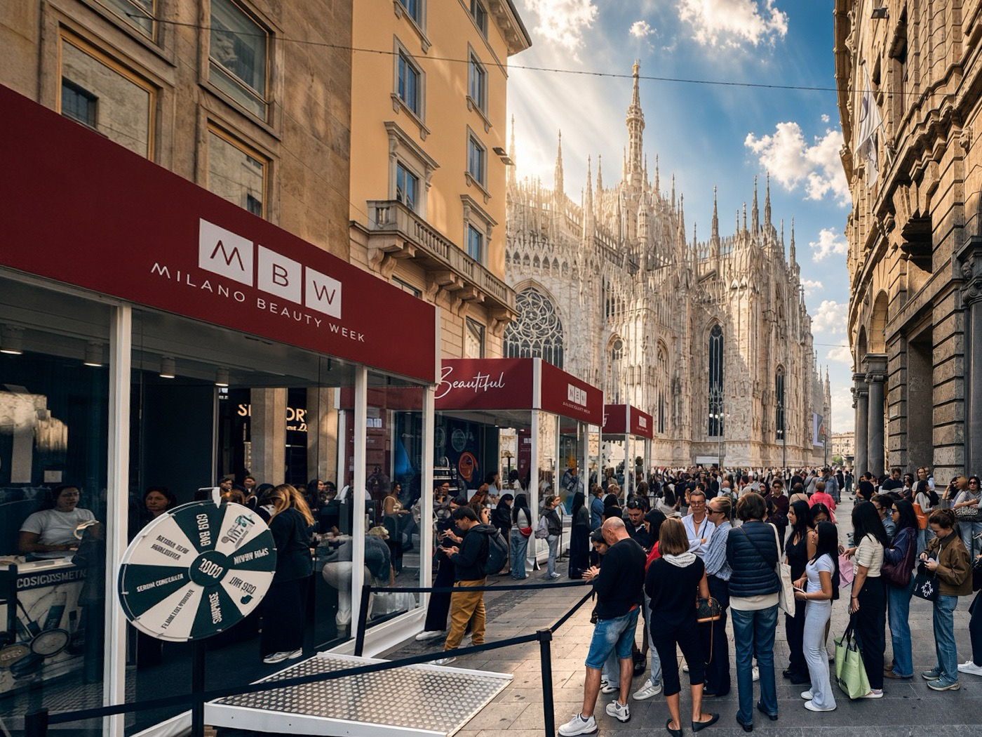Crowded pedestrian street in Milan during Milano Beauty Week. A red storefront awning reads “MBW Milano Beauty Week” with a prize wheel visible in the glass window. People queue behind a black barrier and walk along the sidewalk. In the background, the Gothic façade and spires of the Duomo di Milano rise against a blue sky with sun rays breaking through clouds.