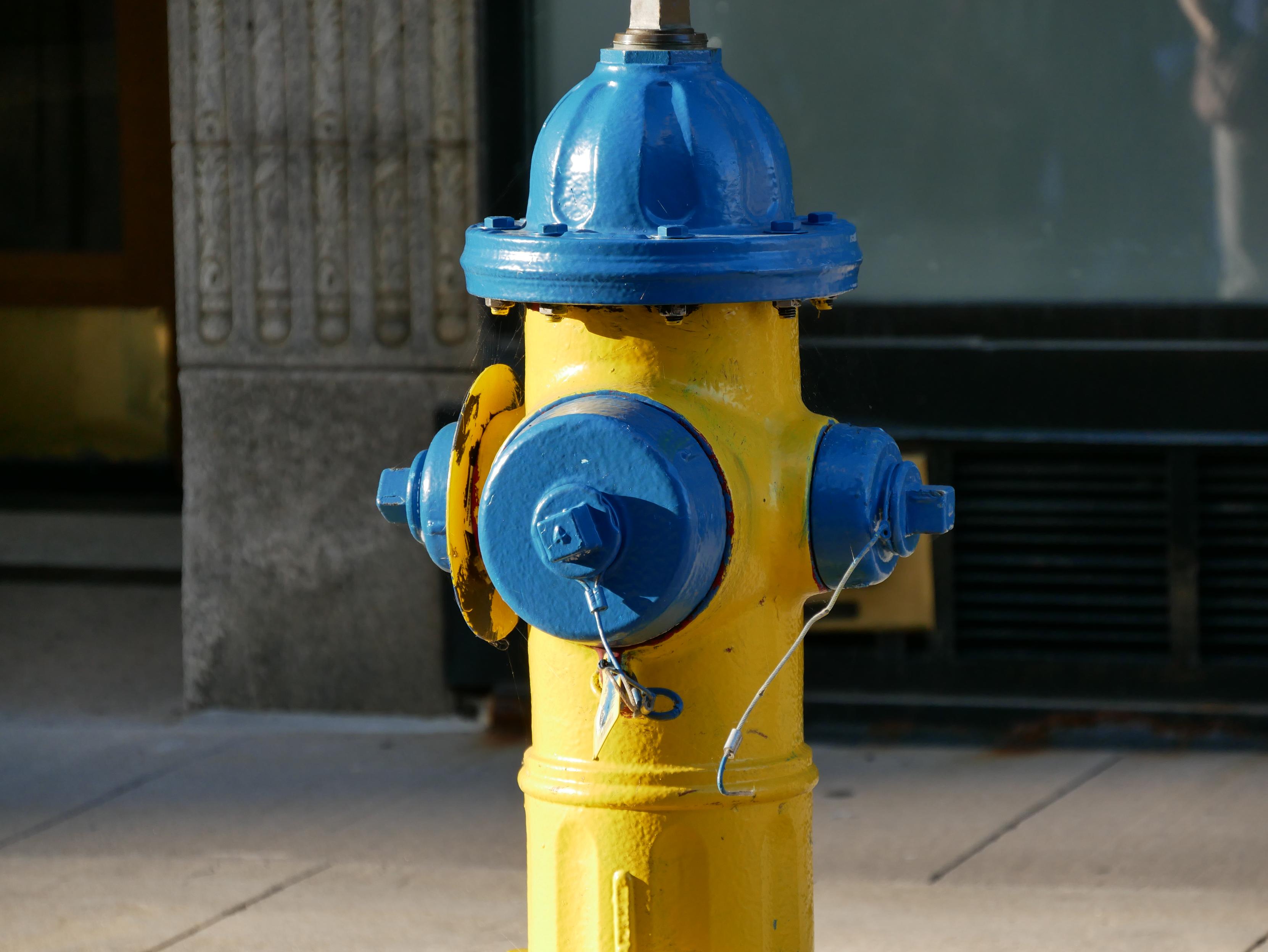 Blaugelber Hydrant in der Einkaufsmeile in Ottawa. Kanada 2026