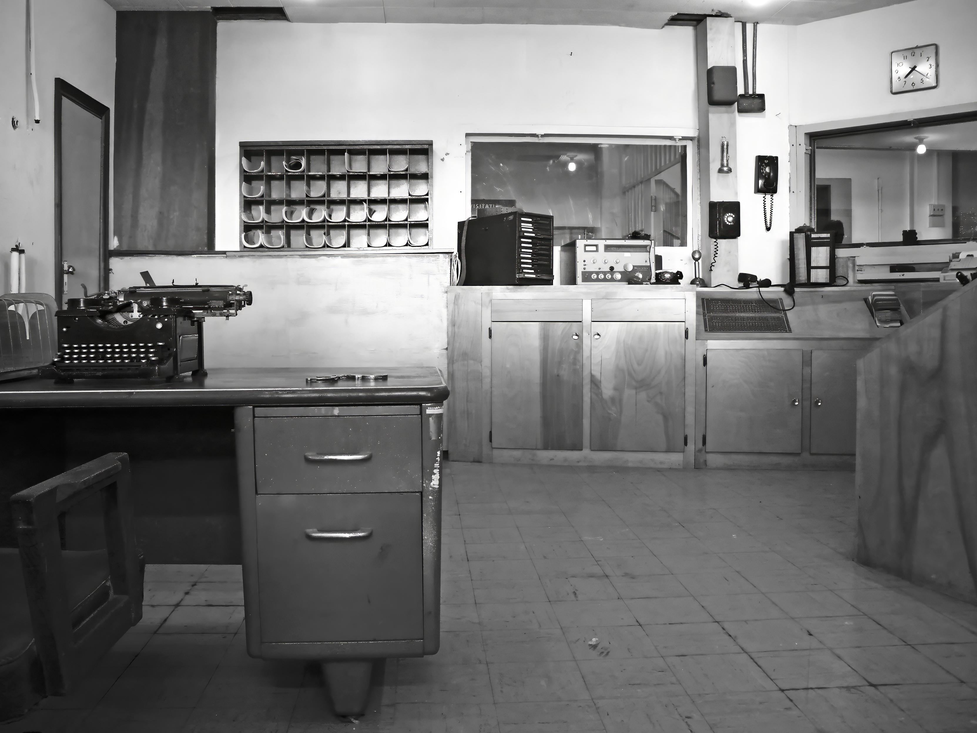 The photo shows the guard's office at Alcatraz Prison.