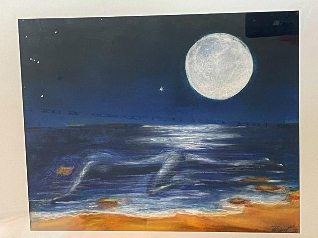 Nacht über dem Meer, Am Himmel der Mond und einige Sterne mit Venus und Orion. Die Wellen des Meeres spiegeln das Mondlicht und zeigen, leicht verborgen eine liegenden Frau (Venus)