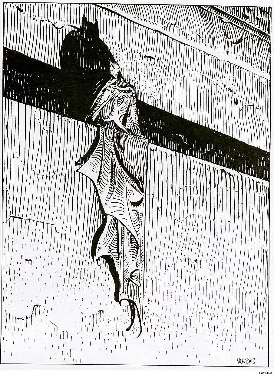 A drawing by Moebius. It shows a high ledge along the wall of a building. On it, you can see Batman. Batman appears to be sitting on the ledge, drapping himself in his long flowing cape.