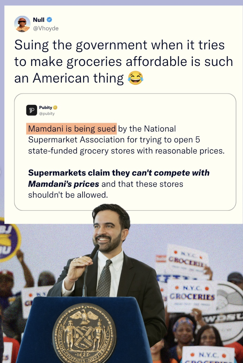 Screenshot of a post from Null (@Vhoyde) reading "Suing the government when it tries to make groceries affordable is such an American thing," with a crying-laughing emoji. It quotes a post from Pubity: "Mamdani is being sued by the National Supermarket Association for trying to open 5 state-funded grocery stores with reasonable prices. Supermarkets claim they can't compete with Mamdani's prices and that these stores shouldn't be allowed." Below, a photograph of Mayor Zohran Mamdani speaking at a podium bearing the New York City seal, in front of supporters holding "N.Y.C. Groceries" signs.