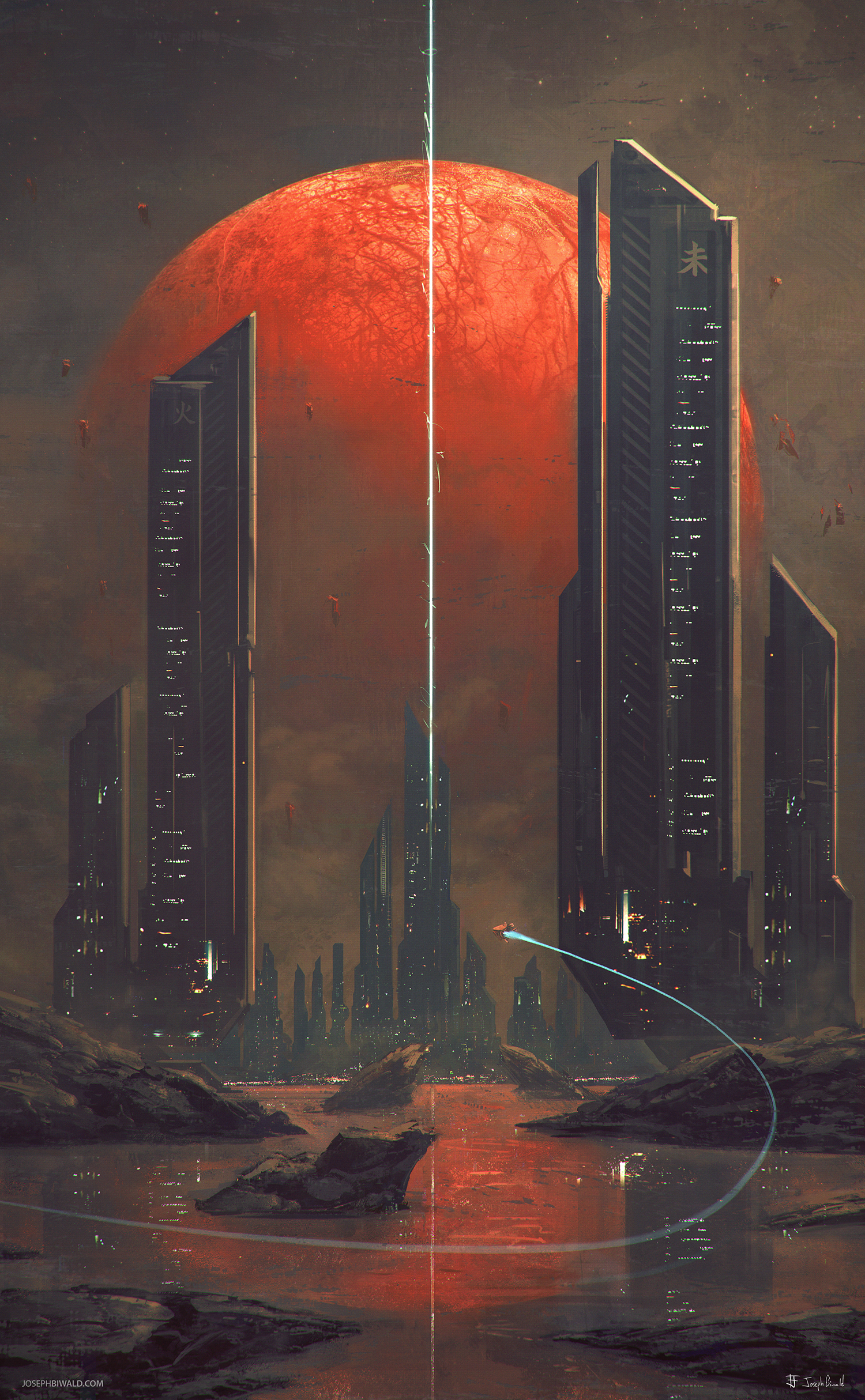 A digital illustration of a futuristic cityscape at night featuring towering dark skyscrapers, a vertical beam of light, and a spacecraft flying near the right building. A large reddish planet or moon dominates the background sky.
