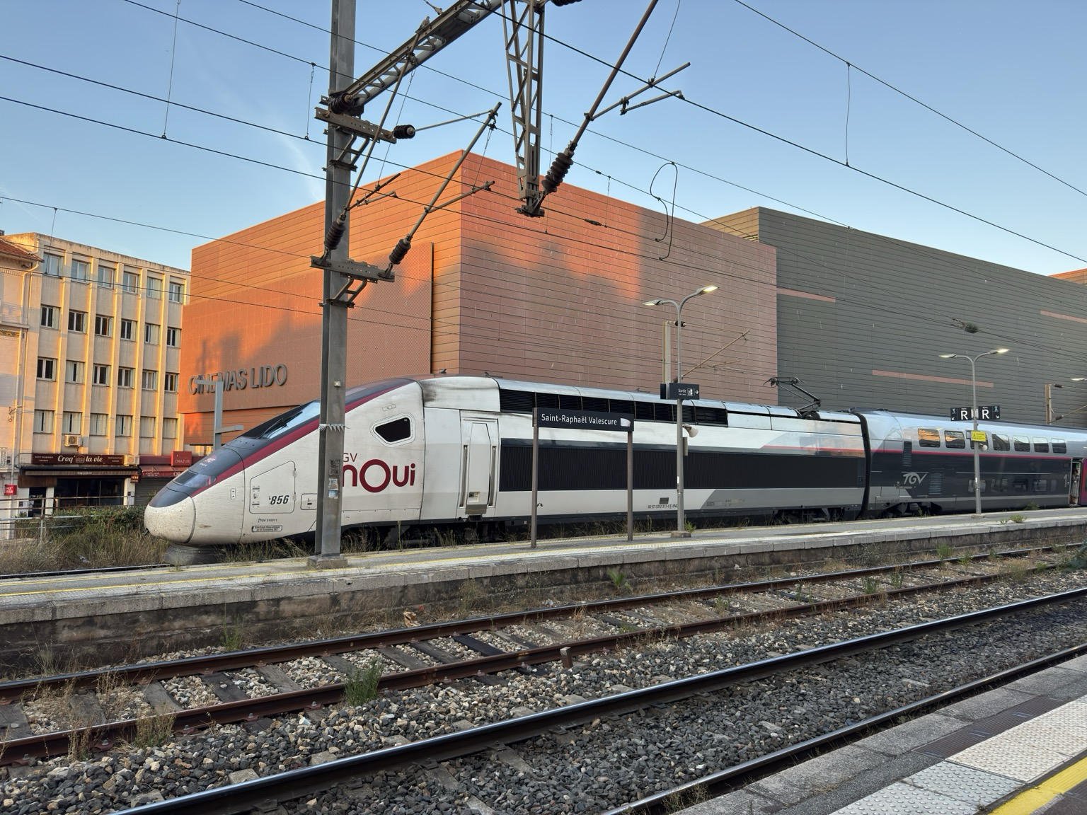 TGV train sitting on platform 1 at Saint-Raphaël Valescure station in the south of France