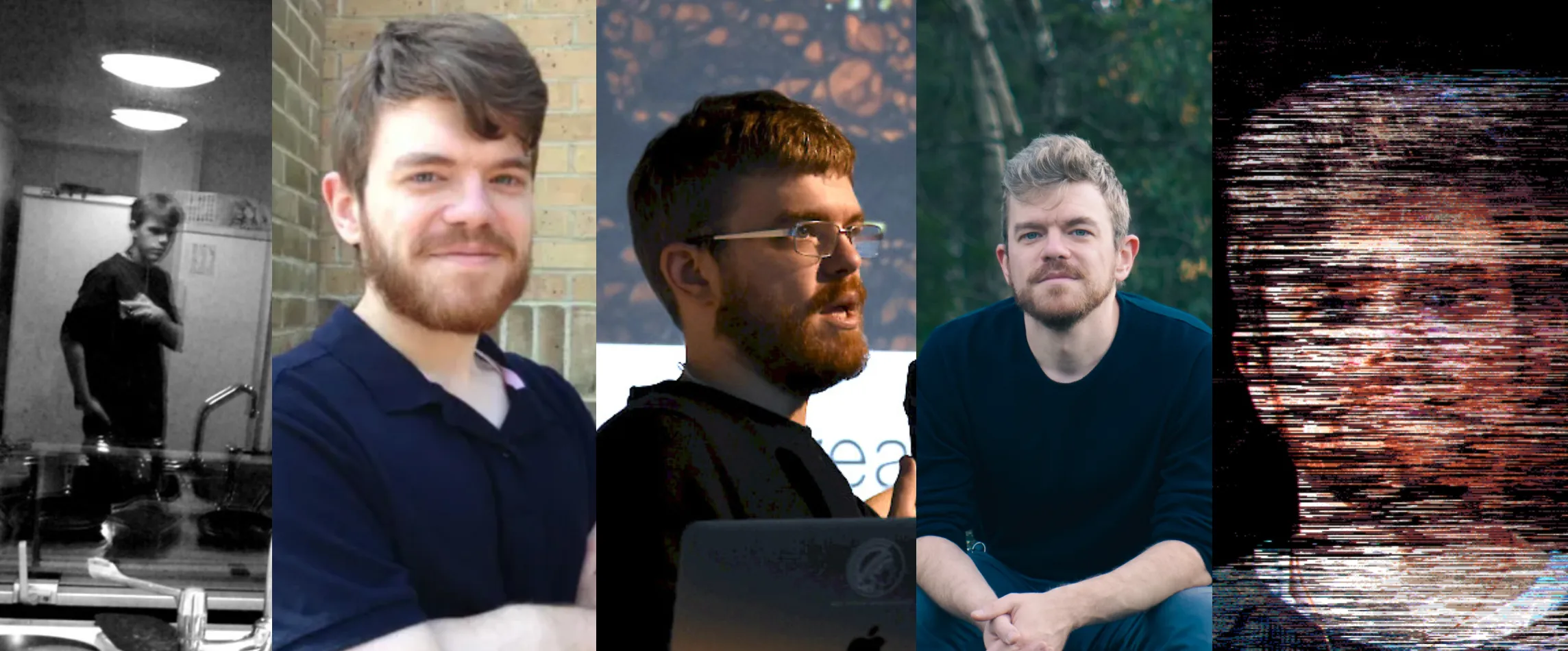 Five pictures of me from the last 20 years. On the left I'm 18 years old in my first year of university, through to a photo of me from a couple of years ago, and then my glitched out face which has zero subtext and you shouldn't read into.