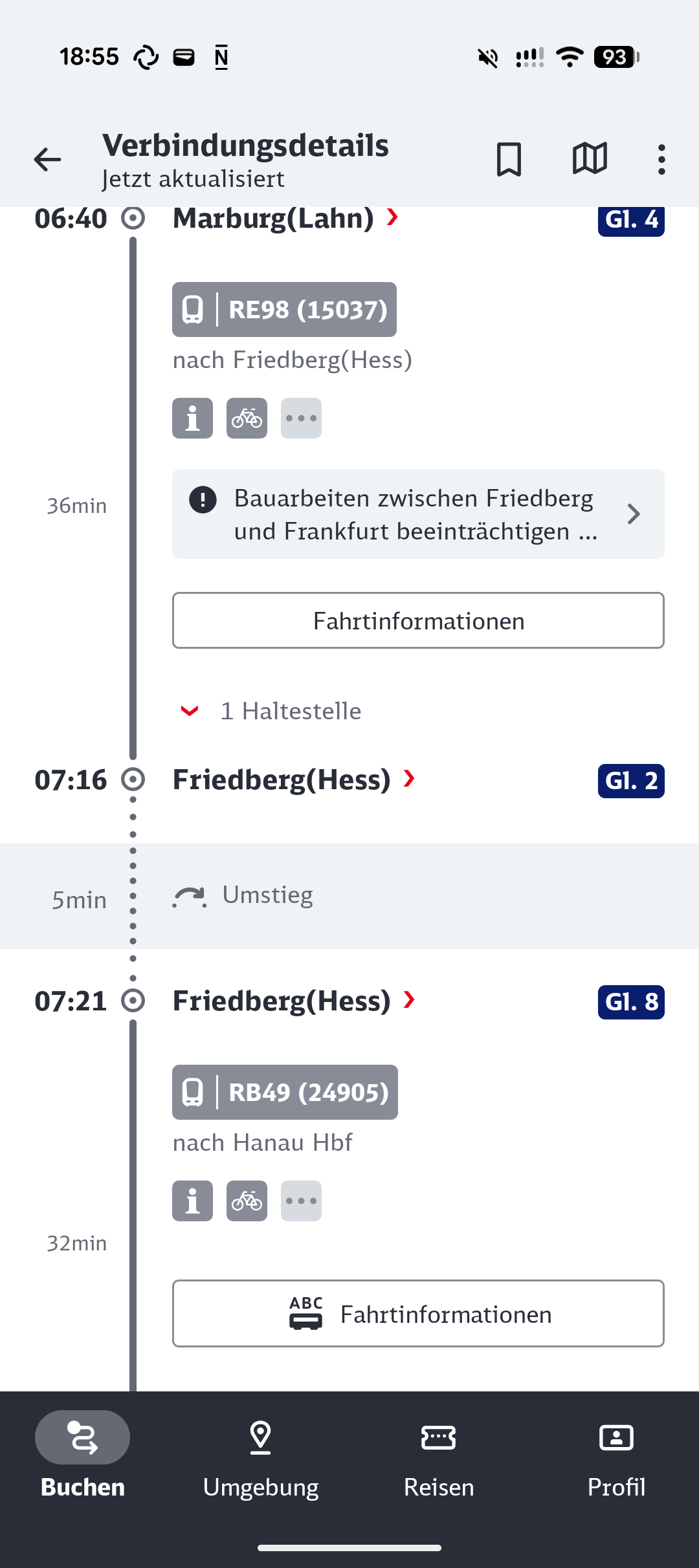 DB Navigator Screenshot showing 5 minute stop in Friedberg to switch trains