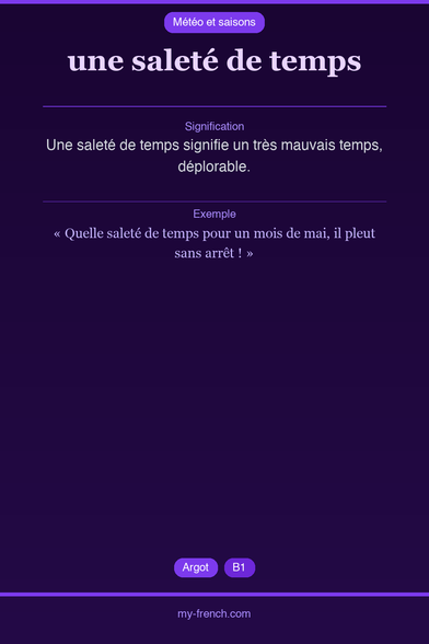 🇫🇷 une saleté de tempsUne saleté de temps signifie un trè...