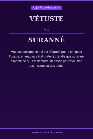 🇫🇷 vétuste vs surannéVétuste désigne ce qui est dégradé p...