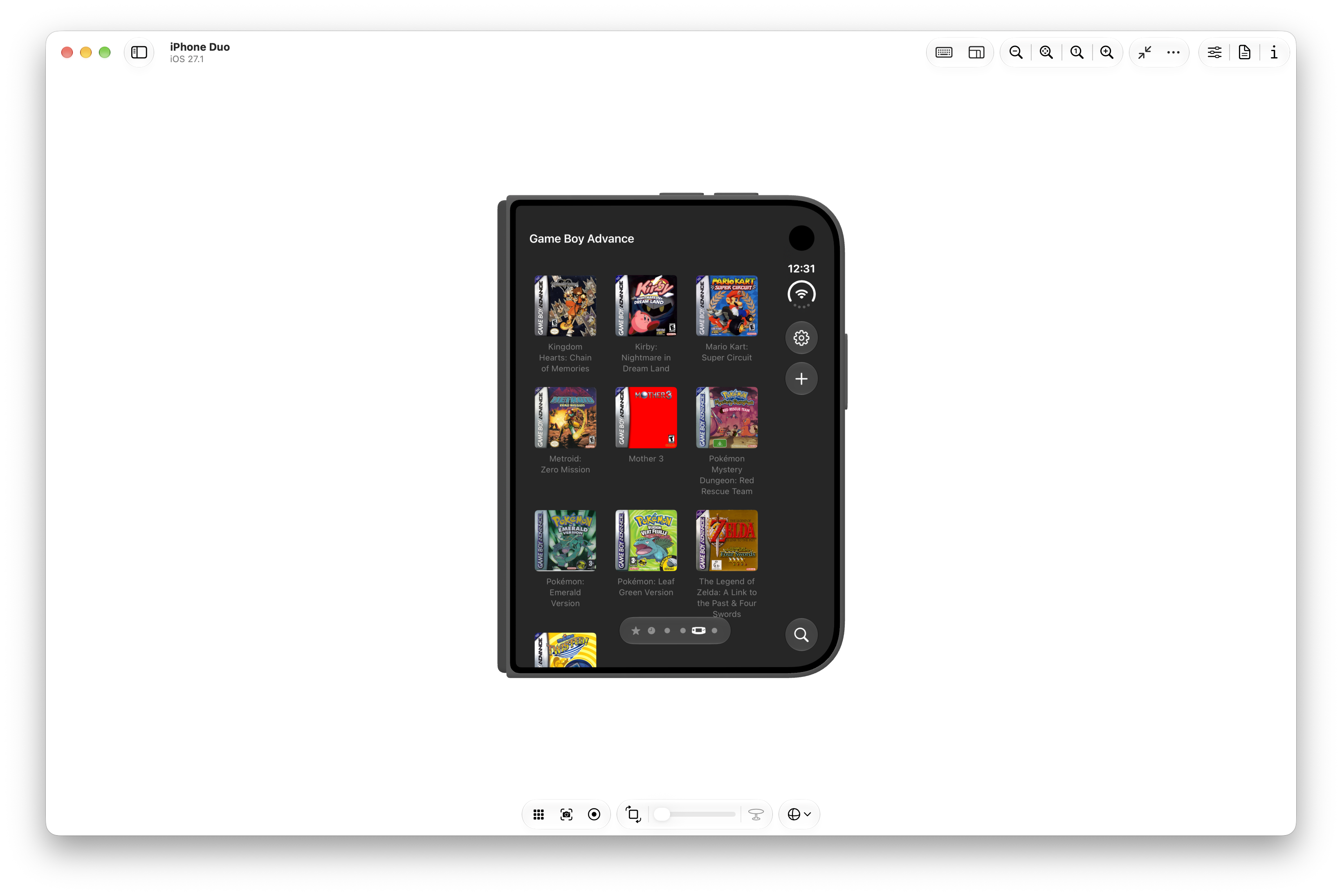 Delta on Duo Simulator, showing game library on outer screen