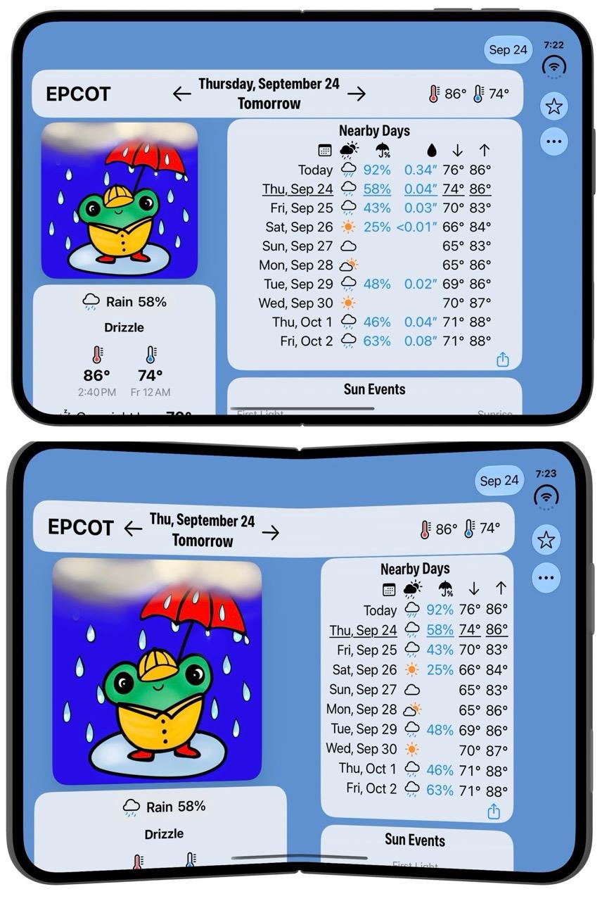 Two iPhone Duo screenshots showing Please Don't Rain. Top is fully unfolded and bottom is partially folded. In partially folded some elements that would have been in the center have moved to the left and the two sides of content have been evenly split.