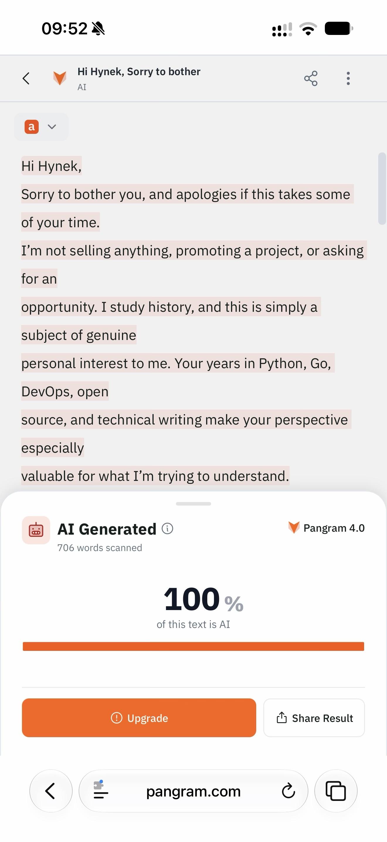 Pangram classifying an email I got as 100% slop.
