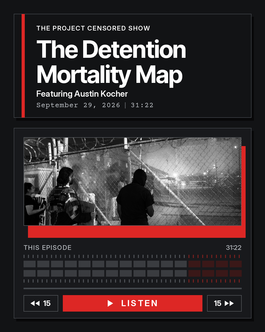 Graphic styled like the Project Censored episode page. Header: The Project Censored Show, The Detention Mortality Map, featuring Austin Kocher, September 29, 2026, 31 minutes 22 seconds. Below, an audio player with a black-and-white photo of people standing at a chain-link fence topped with razor wire at night, level meters, and a red Listen button.