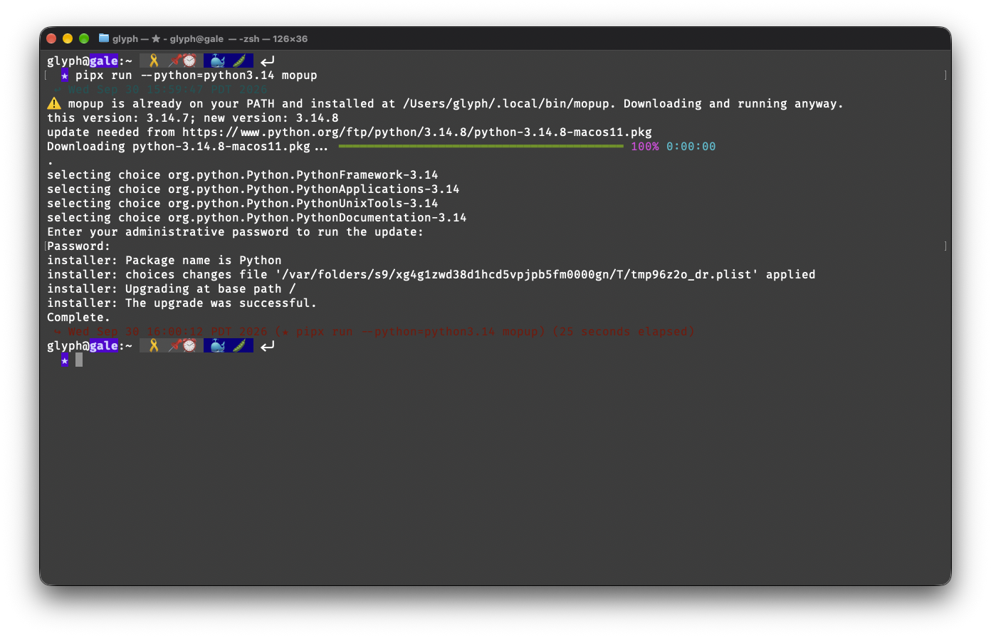 a screenshot of pipx run --python=python3.14 mopup running in a terminal, upgrading python 3.14.7 to 3.14.8