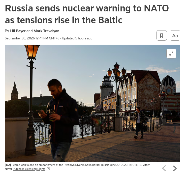 Russia has warned NATO it would be ready to resort to nuclear weapons if the Western alliance attempted to cut off Kaliningrad, a Russian exclave that borders the Baltic Sea. #Russia #NATO
