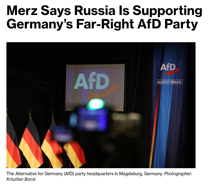 Chancellor Friedrich Merz said the far-right Alternative for Germany is backed by Russia, stepping up his rhetoric against the ascendant opposition party that won two regional elections last month and leads in all major national polls. #Russia #EU #Germany
