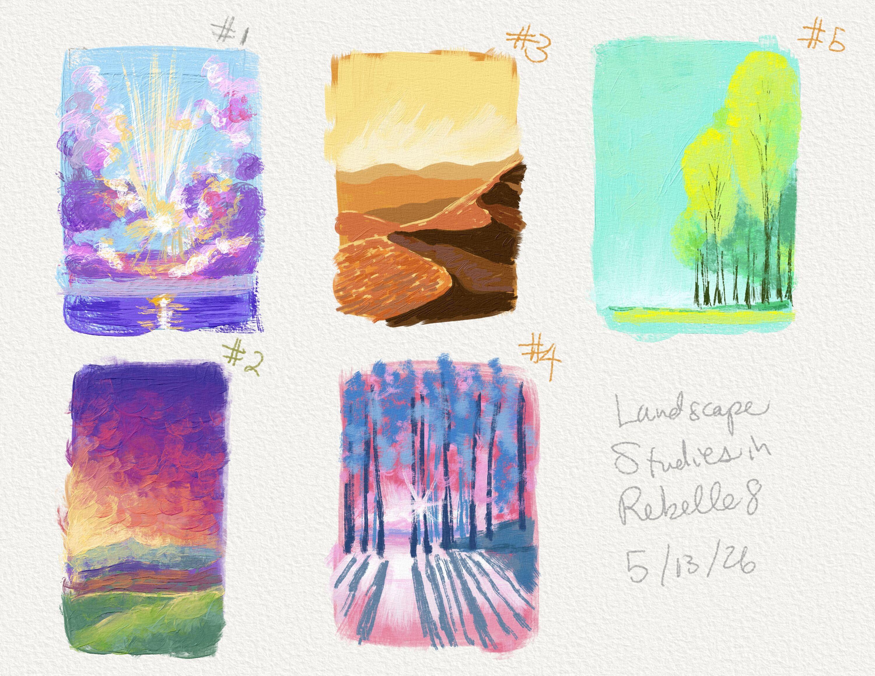 Five rough studies of landscapes with text on the bottom right: "Landscape Studies in Rebelle 8 5/13/26." They are numbered 1-5. Number 1 is of a sun shining through clouds over water. Number 2 is of a sunset. Number 3 is of a desert at golden hour. Number 4 is of a sun shining through blue trees and a pink sky. Number 5 is a bright blue sky with bright green trees at the right.