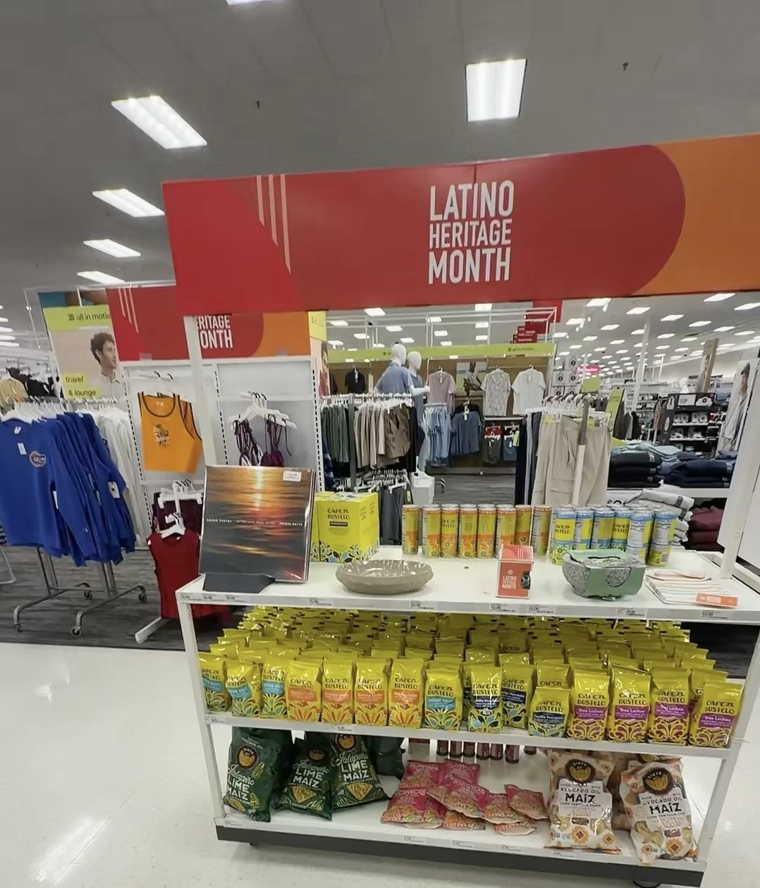 Photo of a display in Target with Cafe Bustello and other Latin themed foods 
