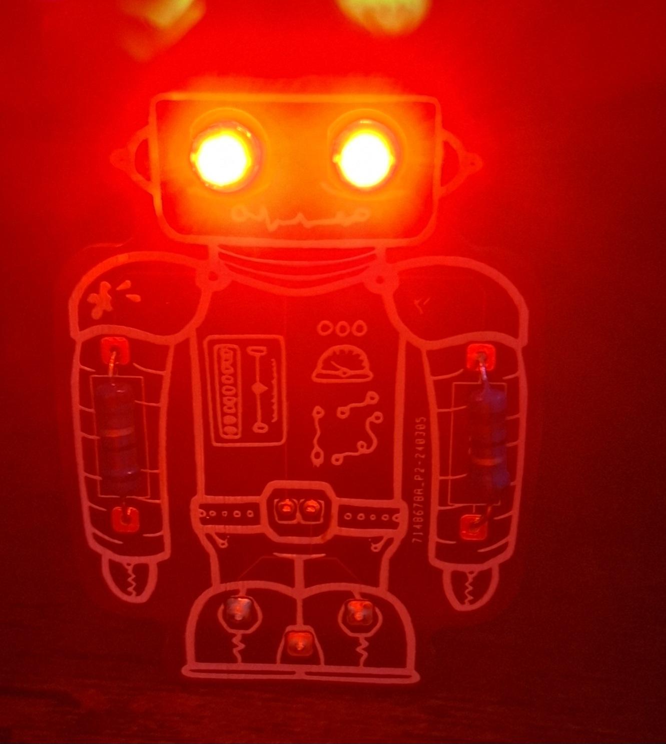 Sleepybot standing up. Their eyes are lit up abd bright red. They are not happy about the fact you woke them.