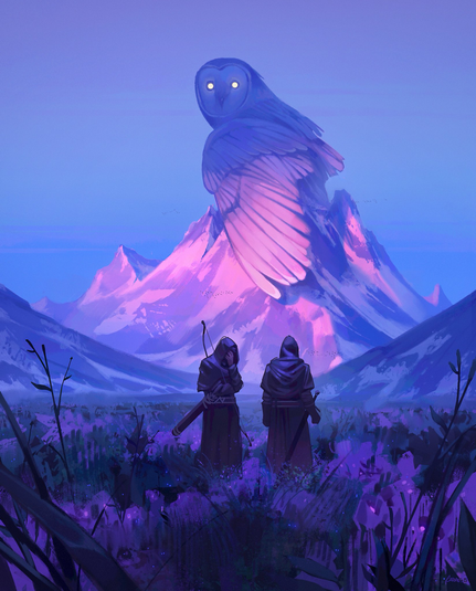 A digital fantasy illustration featuring a massive, glowing barn owl looming behind a snow-capped mountain range under a twilight sky. In the foreground, two hooded, cloaked figures stand in a field of purple flowers looking toward the owl.