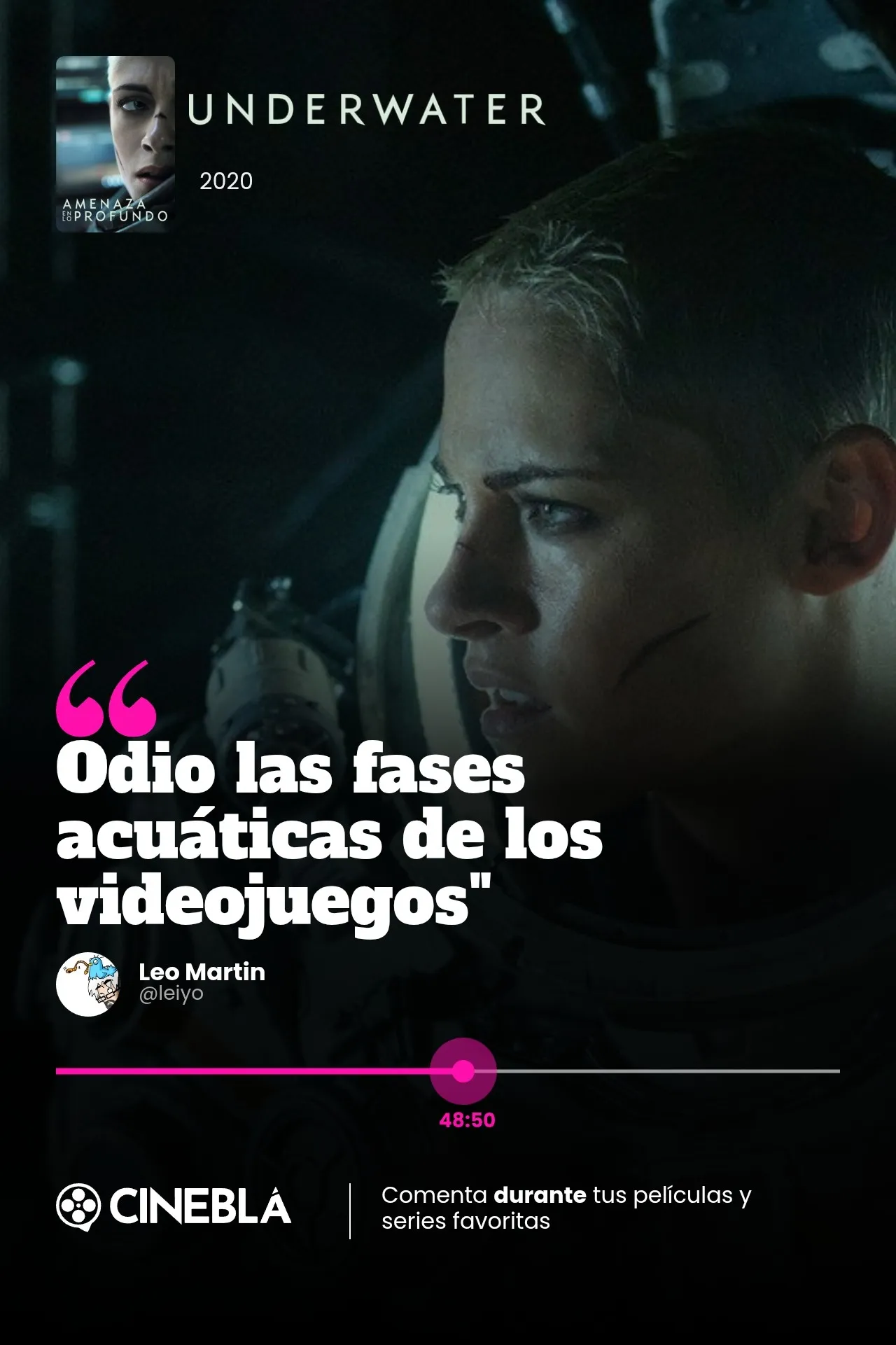 Pieza grafica de la pelicula Underwater con la frase "Odio las fases acuáticas de los videojuegos"