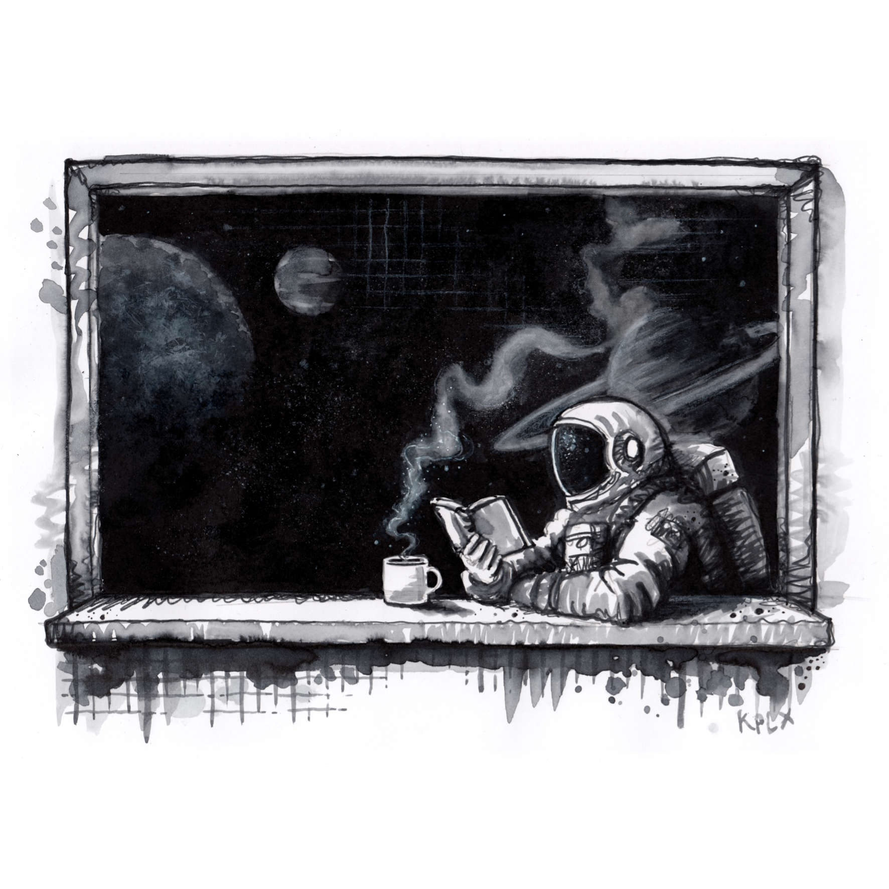 A black-and-white ink illustration showing a window with a windowsill. Beyond the window is outer space. An astronaut sits outside in the universe, leaning against the windowsill and reading a book. A cup of hot coffee rests on the windowsill, with steam rising into space and blending with the surrounding cosmic void like mist.