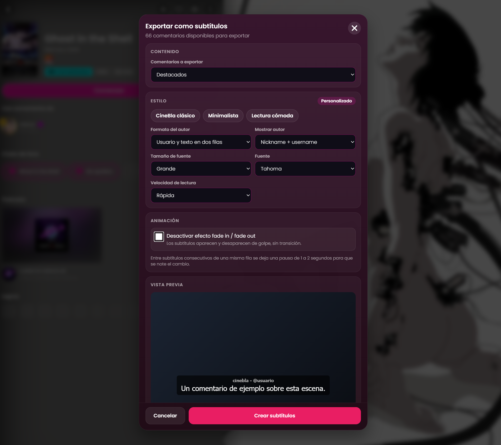 imagen del panel de configuracion para exportar subtitulos con la nueva opcion de reducir efectos
