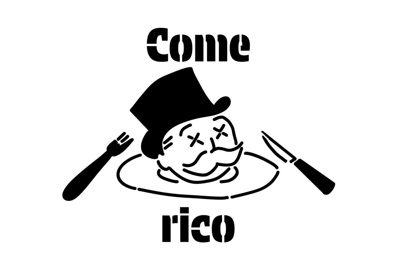 Plantilla con la cabeza decapitada del señorín que hace de "mascota" del monopoli en un plato y con el texto "Come rico"