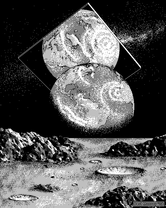 black and white bitmap art of a moonscape view, but a very close planet is looming on the horizon and a gigantic mirror is reflecting yet another view of that planet.
