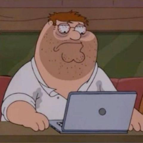 Disheveled Peter Griffin staring sadly into laptop 