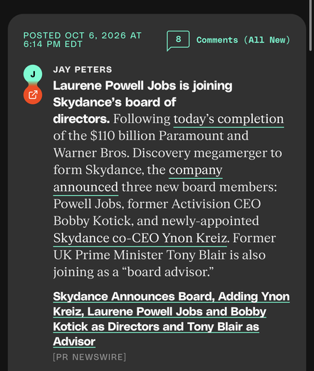 A screenshot of a social media post from October 6, 2026, at 6:14 PM EDT. The post announces that Laurene Powell Jobs is joining Skydance's board of directors.