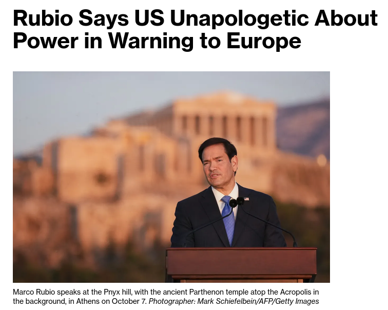 Secretary of State Marco Rubio used a dramatic backdrop in Greece to remind the world of the Trump administration's focus on the "unapologetic" pursuit of power and to issue another warning to Europe about the dangers of Western decline. #Russia #EU #US