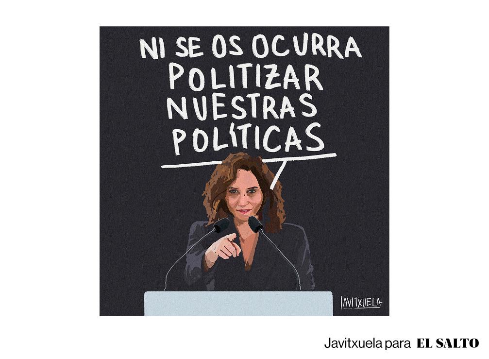 Ayuso señala a cámara desde un atril y dice: -Ni se os ocurra politizar nuestras políticas.