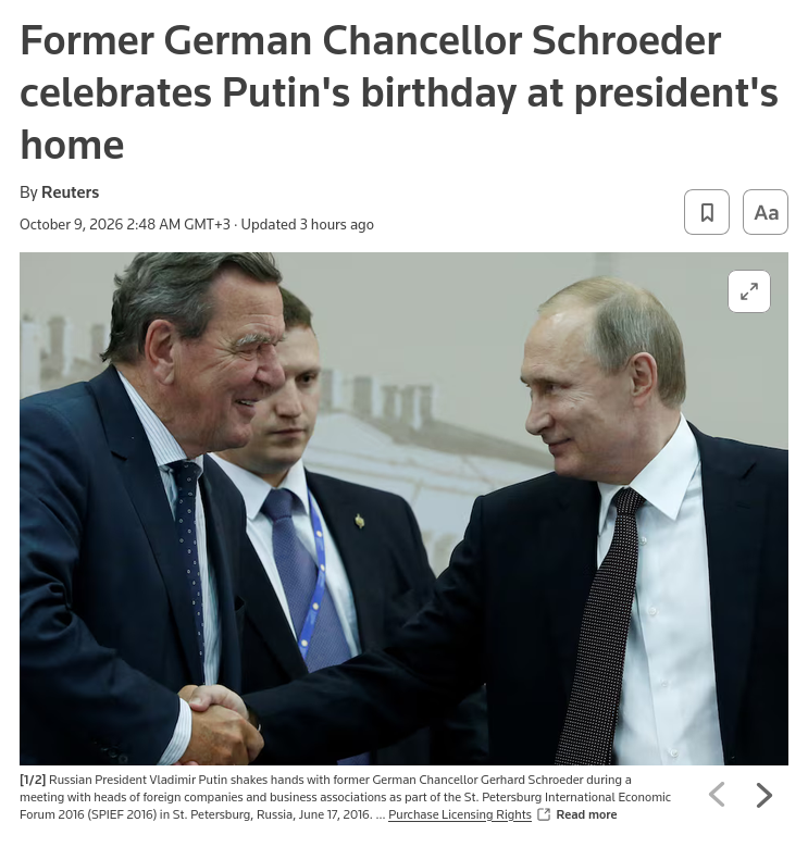Former German Chancellor Gerhard Schroeder helped celebrate Russian President Vladimir Putin's 74th birthday at the leader's home, the Kremlin said on Thursday. #Russia #EU #Germany