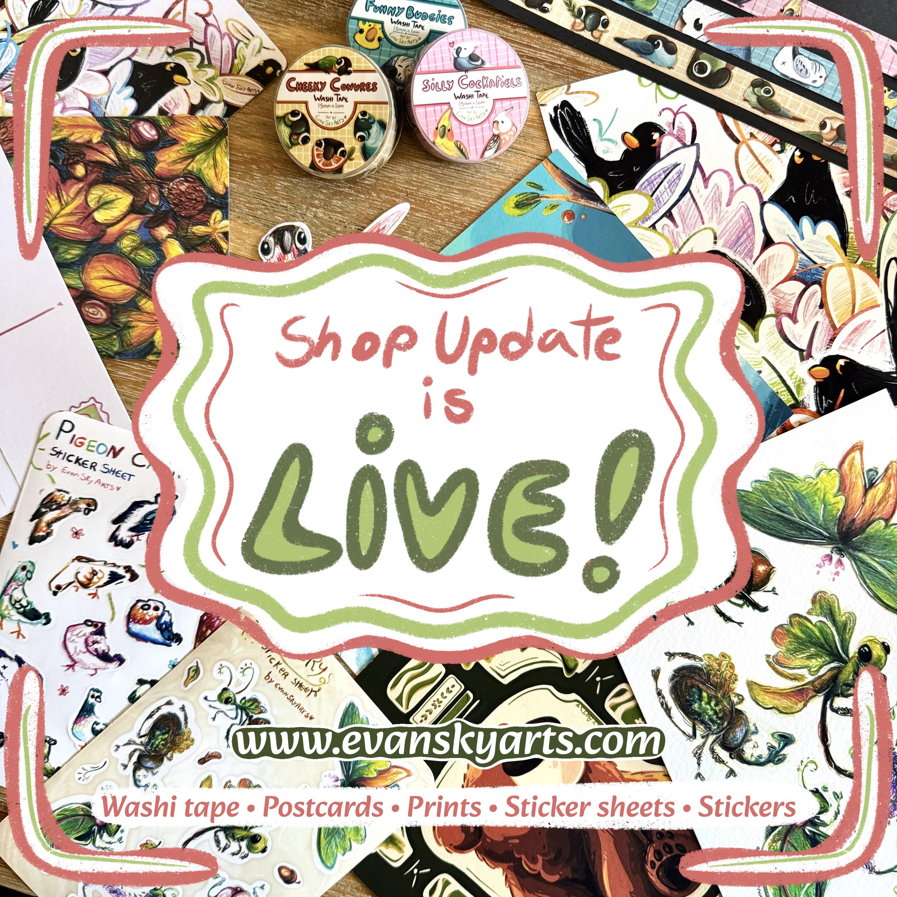 Top-down picture of all the new products from my new shop update with the text « shop update is live! www.evanskyarts.com 
Washi tape, postcards, prints, sticker sheets, sticker » written over it.