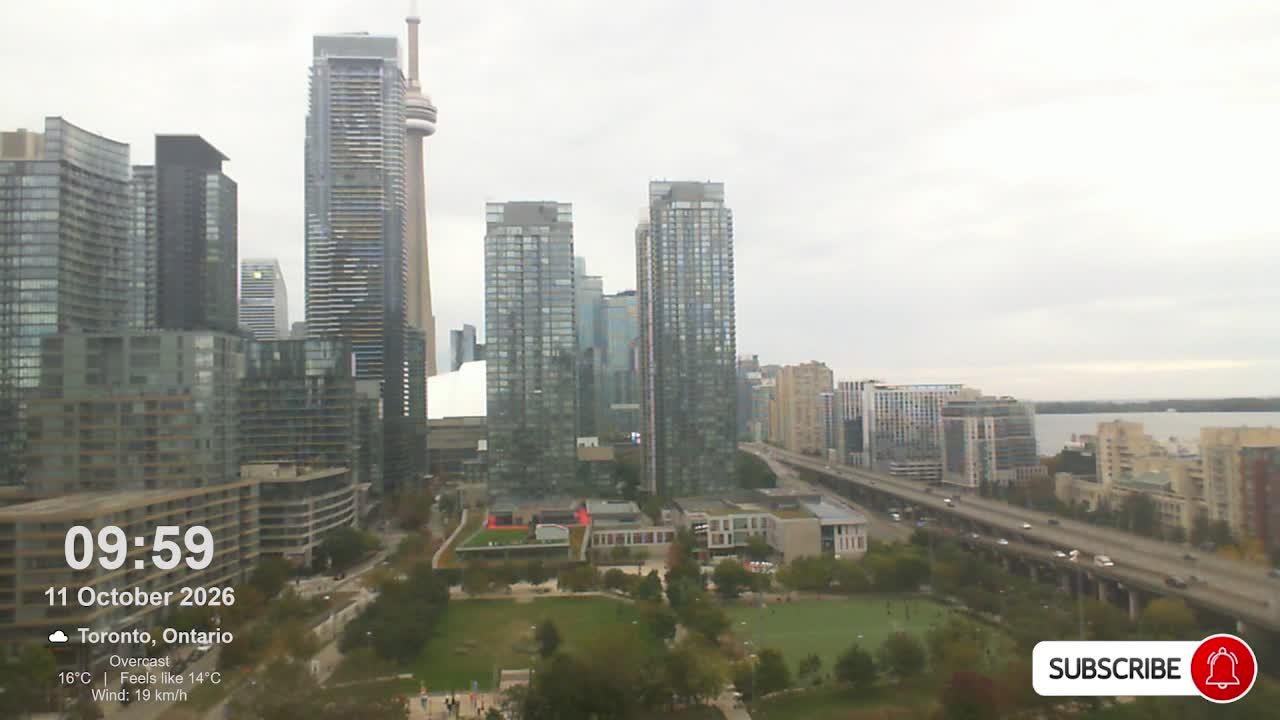 View overlooking Canoe Landing Park and Lake Shore Blvd in downtown Toronto on the shore of Lake Ontario. // Image captured at (local time): 2026-10-11 10:00:20 EDT (about 1 min. prior to this post) // Image sourced from: youtube.com/@TorontoCNTowerLive // Current Temp in Toronto: 61 F | 16 C // Precip: overcast clouds // Wind: ENE at 8 mph | 13 kph // Humidity: 80%