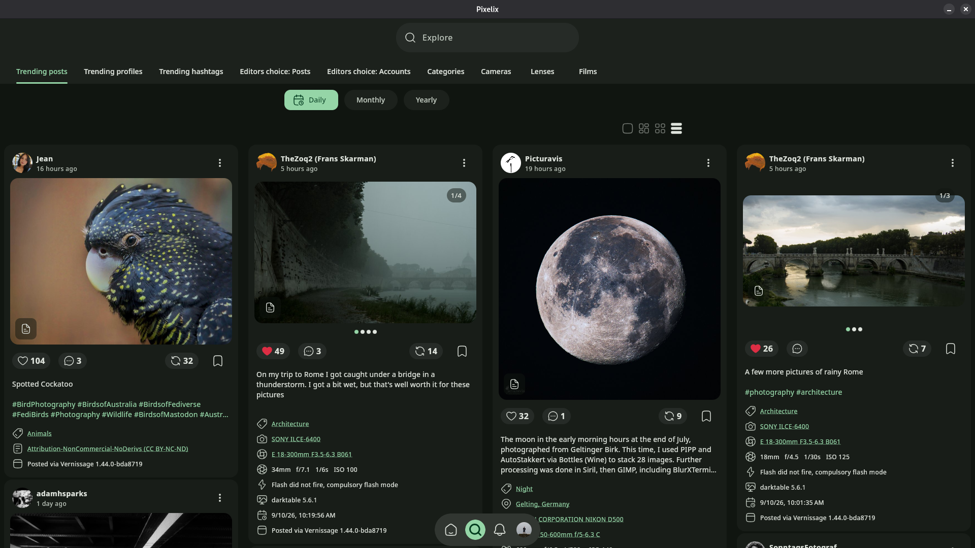 Explore page on Trending posts page. Date range: daily. Masonry grid of detailed posts with description, interaction buttons and metadata.
