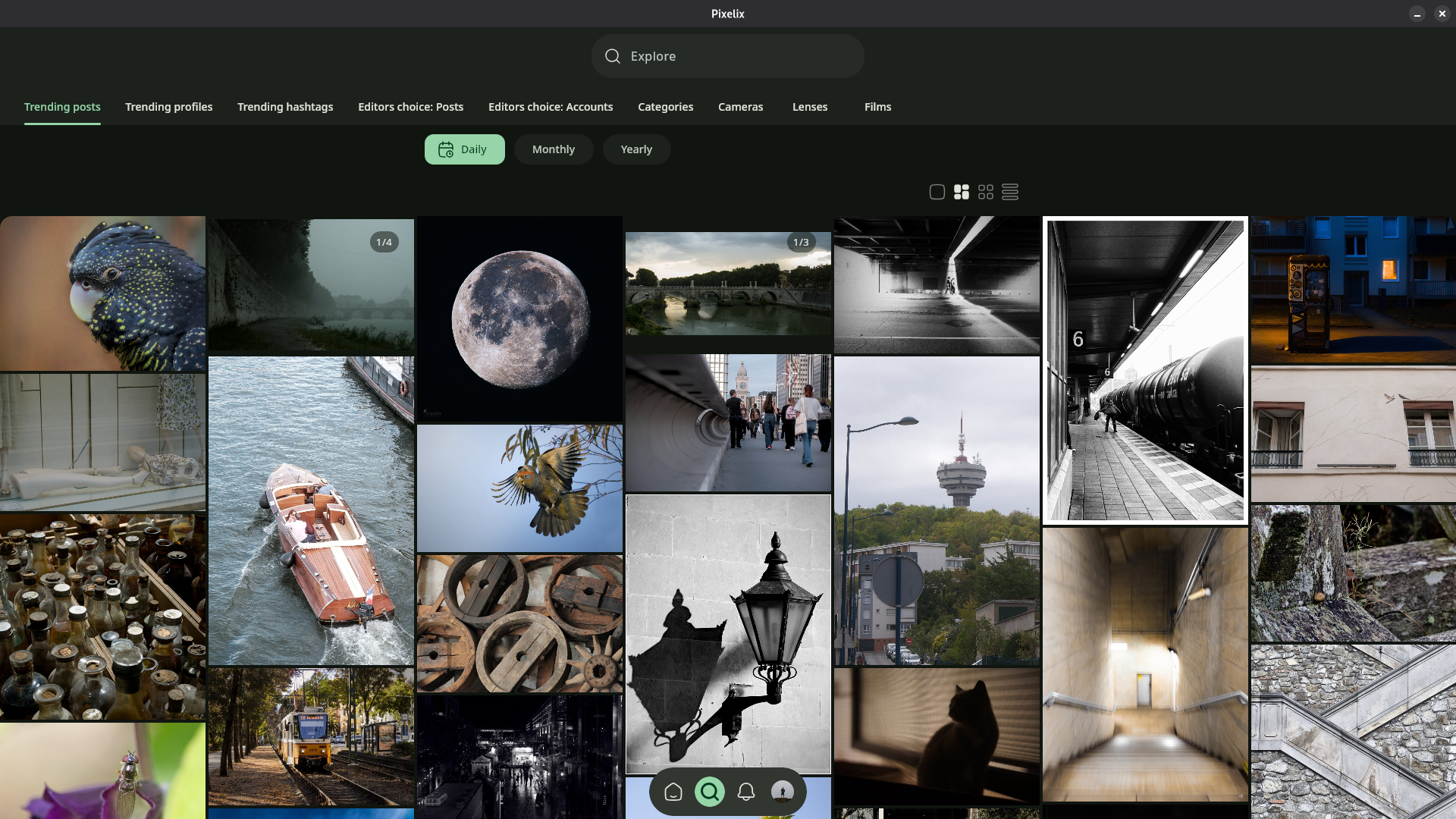 Explore page on Trending posts page. Date range: daily. Masonry grid of smaller images is taking most of the screenshot.
