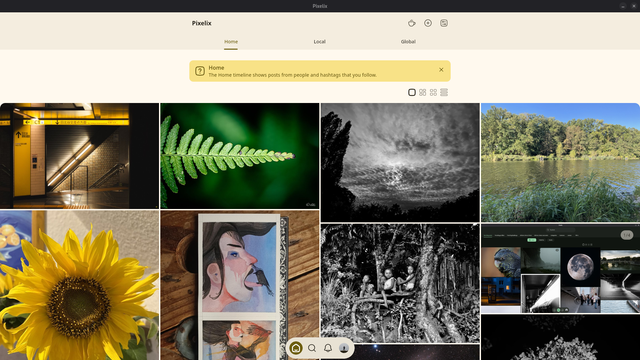 The home timeline in #Pixelix for Linux desktop. #Fediverse #App #Clie
