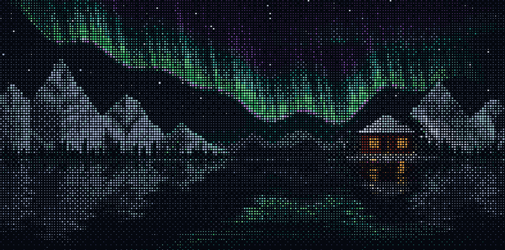 Ascii art of a house in the night with mountains and aurora borealis in the sky