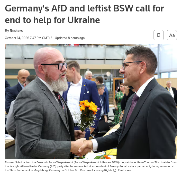 Germany's far-right ​Alternative for Germany (AfD) and the small leftist BSW party joined forces on Wednesday to ‌pass a symbolic motion in the state parliament of Saxony-Anhalt calling for an end to Berlin's military support for Ukraine. #Russia #EU #Germany