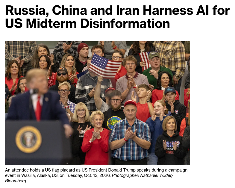 Russia, Iran and China are using artificial intelligence tools to turbocharge disinformation efforts ahead of the midterm elections, according to people familiar with US intelligence and independent researchers. #Russia #Iran #China #US
