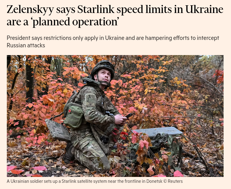Zelenskyy stated that speed limit restrictions on Starlink systems are a "planned operation" to undermine Ukrainian defenses. Drone terminals reportedly cut out when flying over 160kph within Ukraine, despite higher speeds in the EU. #Russia #US #Starlink