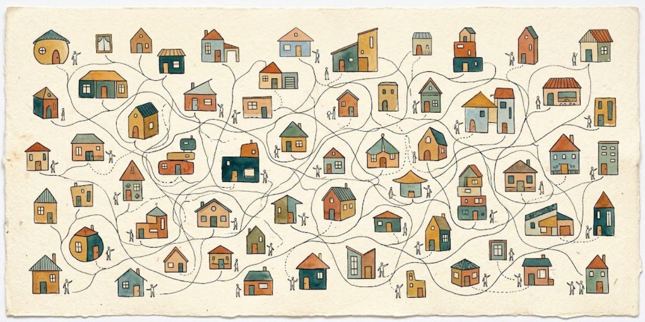 Hand-drawn map of many small colorful houses linked by winding paths, with tiny figures walking between them, like a village seen from above.