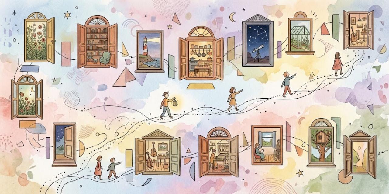Hand-drawn windows floating in a soft watercolor sky, each one opening onto a different little world: a library, a kitchen, a lighthouse, a garden. People walk along dotted paths from window to window.