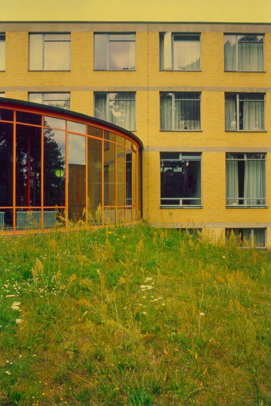 Yellow-brick three-story building facade with rows of rectangular windows and a curved glass atrium at ground level, set behind an overgrown grassy lawn dotted with wildflowers.