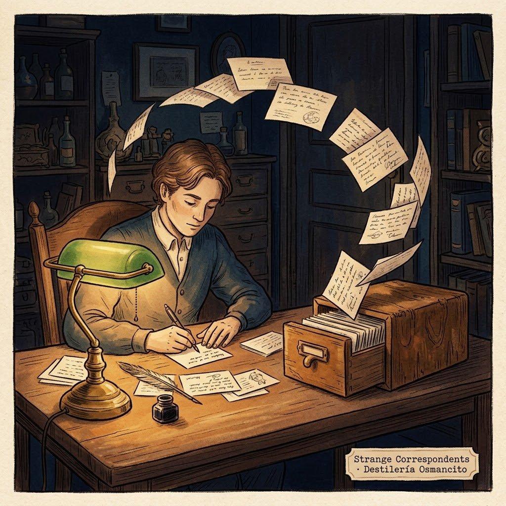 Hand-drawn illustration in warm ochres and deep blue: a person writes on paper cards at a wooden desk by lamplight while handwritten cards fly out of an old wooden slip box toward them, like replies in a conversation. Small label: Strange Correspondents · Destilería Osmancito.